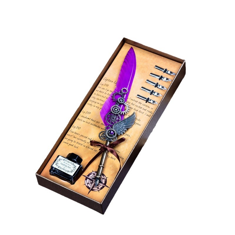 Juego de plumas mecánicas, juego de plumas con engranajes, pluma punk, pluma con alas, pluma de inmersión con plumas