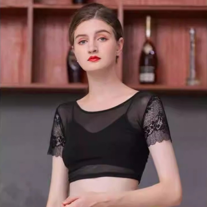 2025 Summer Anti-Exposure Crop Top with Exposed Navel, Short-Sleeve Elastic Large Size Fashionable and Stylish Inner Mesh Blouse