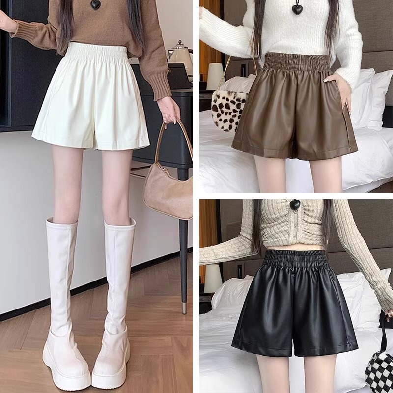 brown Leather Shorts Women's 2023 Autumn and Winter New High Waist A- line Slim Wide Leg Pants Puleather Fashionable Outer Wear Boots Pants