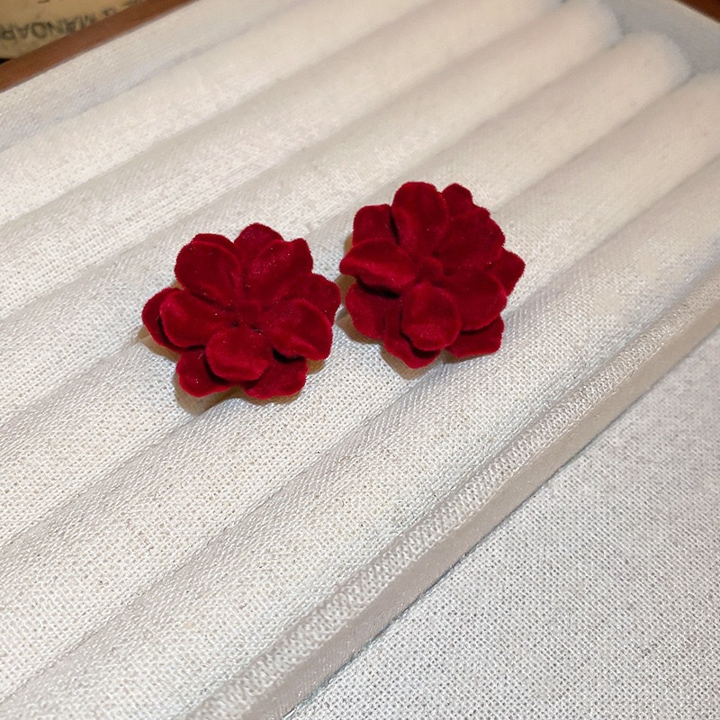 29# wine red flocking rose stud earrings