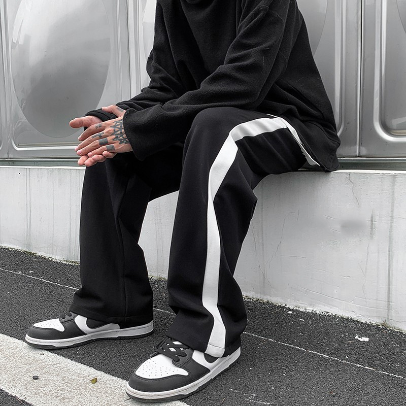 Side Stripe Cropped Casual Pants Men's Wide Leg Loose Straight Pants Korean Style Fashionable Long Pants Lightweight