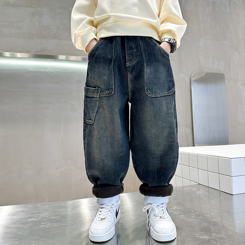 어린이 소년 기모 바지 겨울 청바지 2024 년 새 겨울 소년 원피스 양털 캐주얼 바지