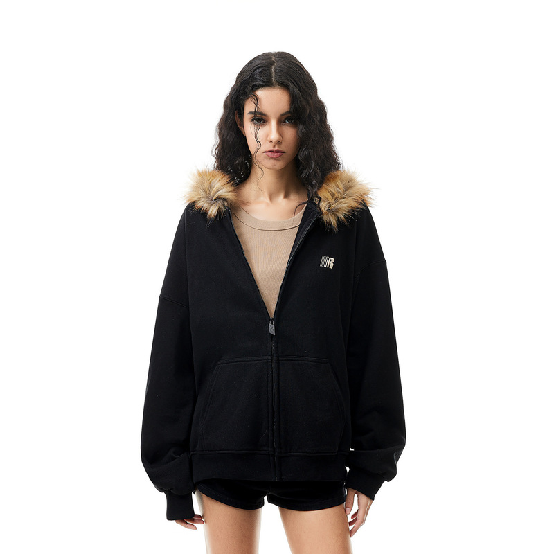 Shop American Retro Fur Collar Fleece-Lined Cardigan Hooded Sweatshirt for Men and Women Autumn and Winter Couple Tops and Jackets
