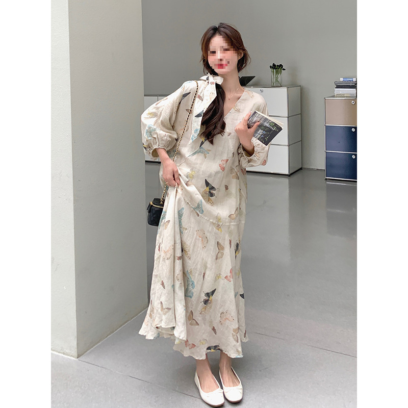法式印花V领连衣裙女2025春夏新款拼接小众气质时尚优雅过膝长裙