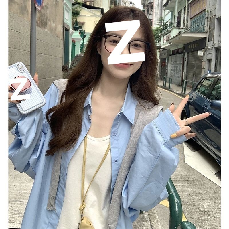 春季高级浅蓝色衬衫女长袖外穿宽松学生打底盐系韩版衬衣上衣洋气|undefined