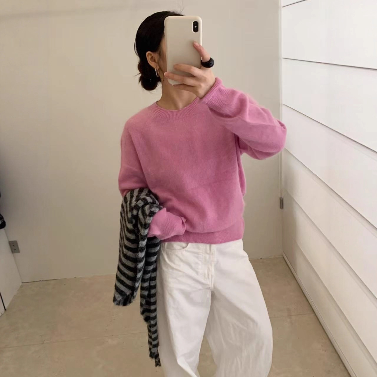 羊毛羊绒拉绒圆领美式纯色慵懒套头毛衣秋冬宽松简约休闲毛衣G155