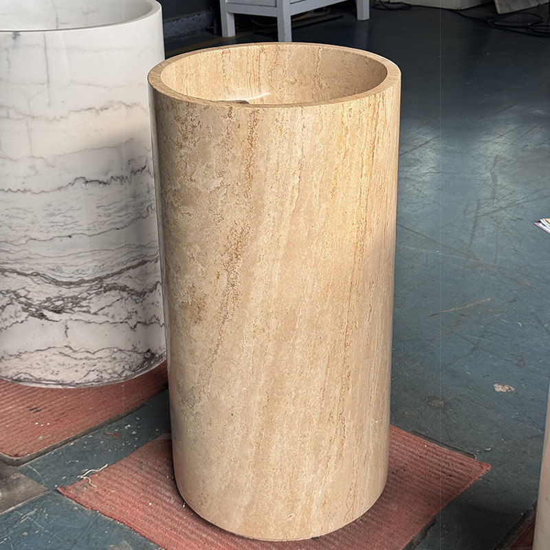 Wabi-Sabi Style Natural Travertine Pedestal Basin Log Style Bathroom Wash Basin Marble Integrated Floor-Standing Wash Basin