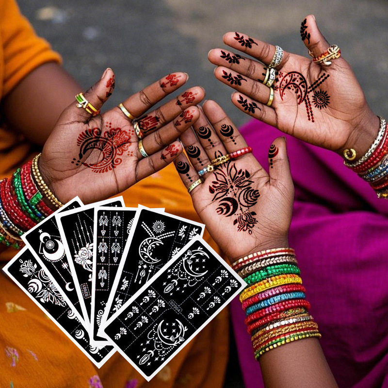 Indian Traditional Henna Tattoo Stencils Moon Pattern Hand Painted Hollow Template Sticker