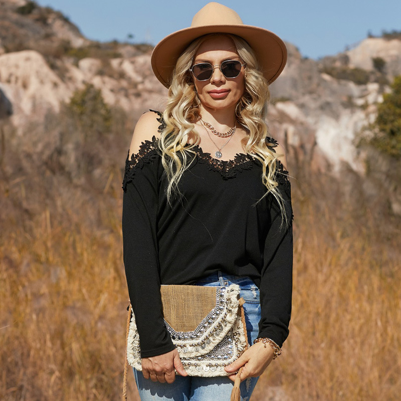 时颖欧美蕾丝t恤女春新款跨境v领套头衫亚马逊长袖蕾丝性感上衣女