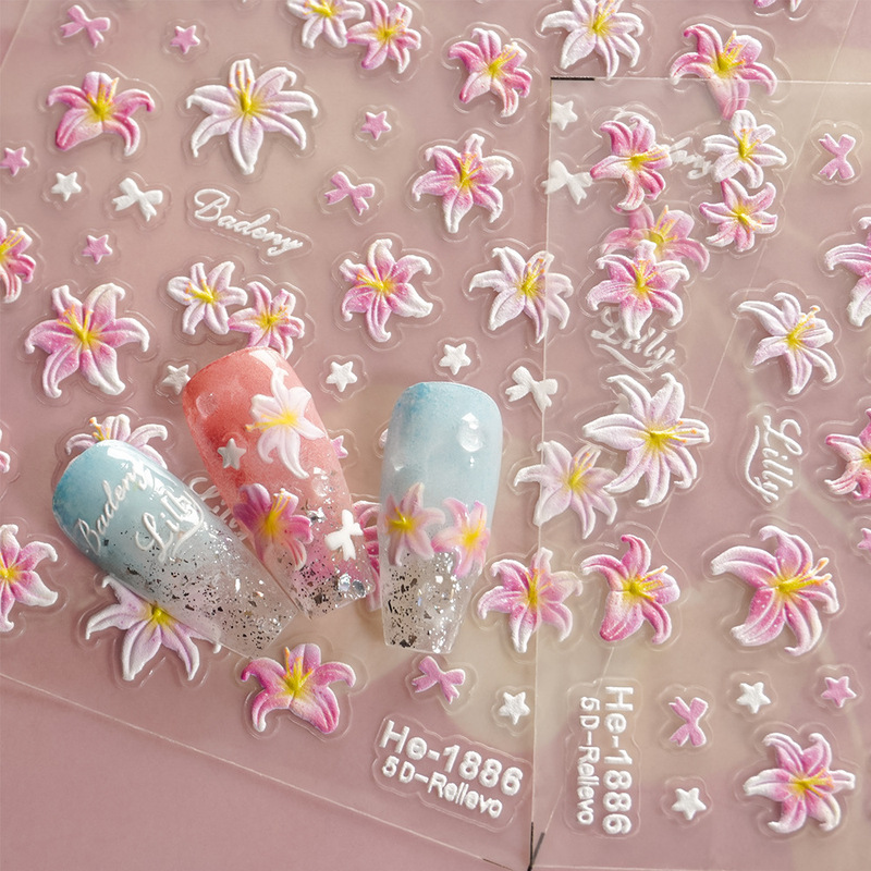 Redanco5D Embossed Ins Popular Cartoon Nail Stickers with Silver Foil Lily Flowers 3D Nail Stickers He1886