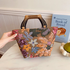 ファッションカラーPVCスパンコールメッシュ刺繍ジャカードファッション気質優雅レトロ木製女性ハンドバッグ