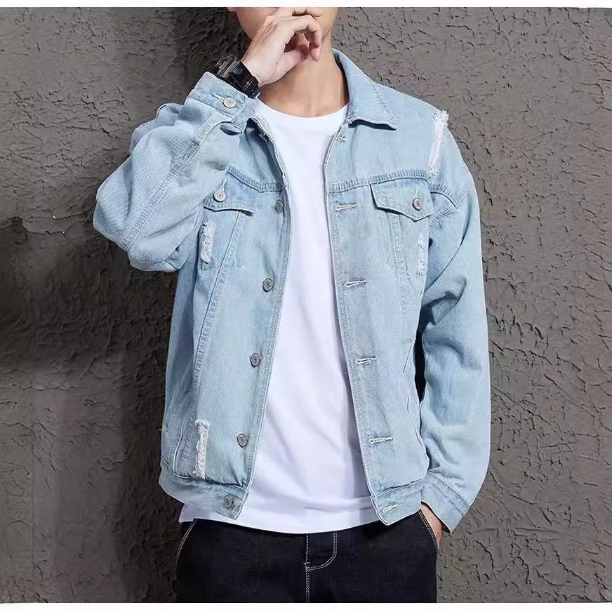 Chaqueta de mezclilla para hombres, Europa y América, nueva chaqueta de mezclilla casual de color sólido, chaqueta suelta de moda coreana de gran tamaño para hombres