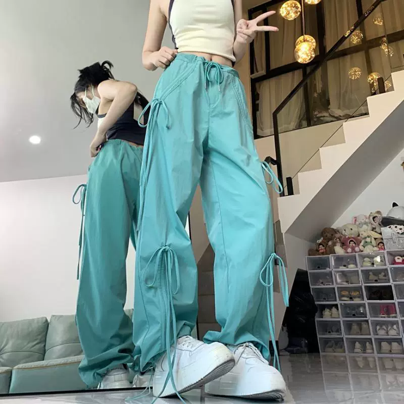 Американский дизайн чувство бант комбинезоны женские горячие девушки широкие брюки летние тонкие прямые спортивные повседневные брюки