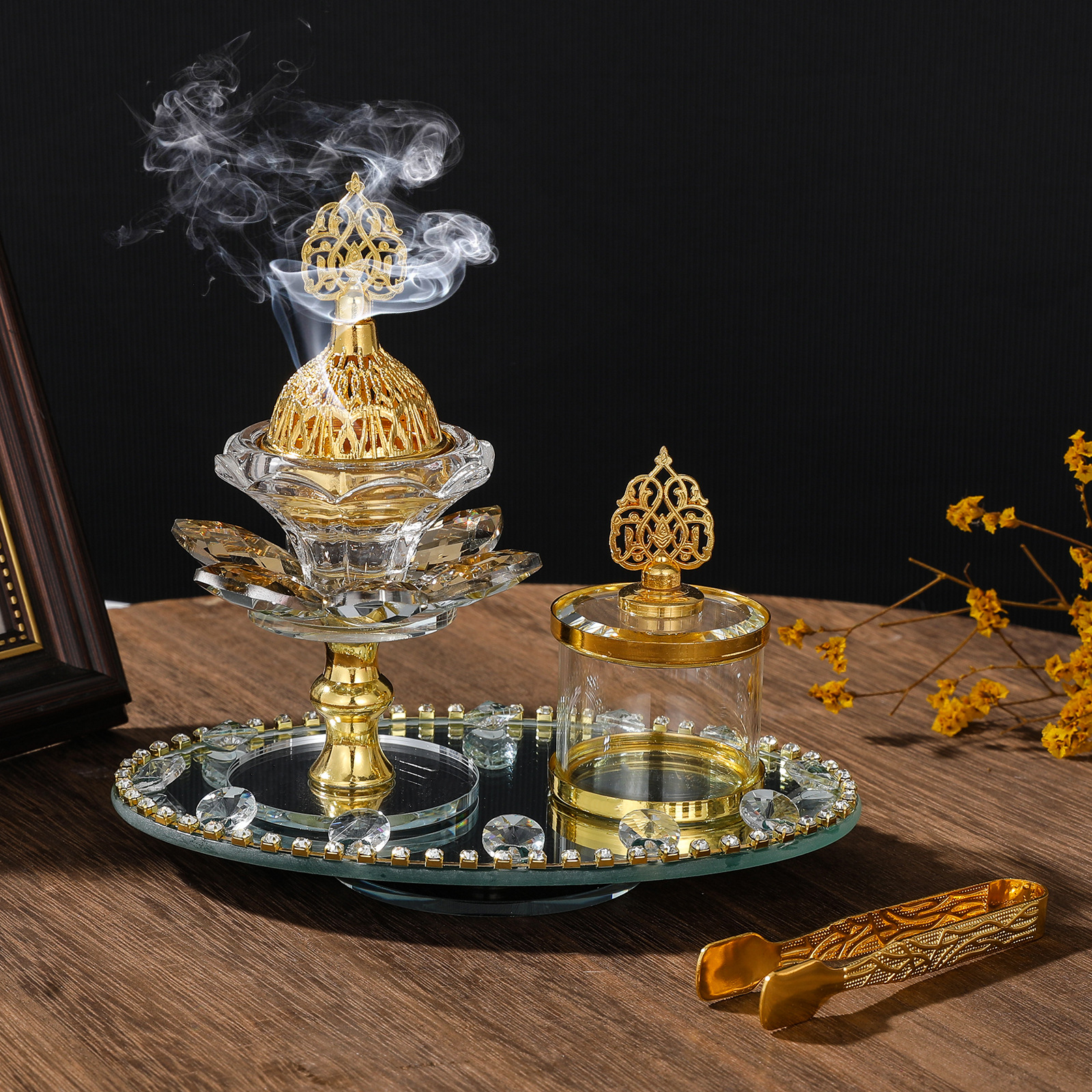 金色旋转莲花香薰炉套装阿拉伯香炉香料玻璃罐摆件客厅香薰香插