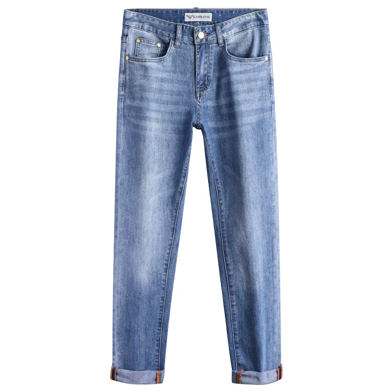 Elastic thin blue jeans, stretch slim fit, light wash, sizes 28–38
