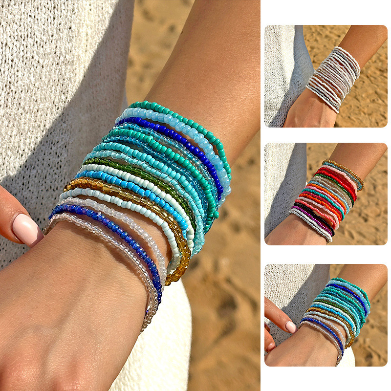 European and American New Bohemian Ocean Beach Style Contrast Color Bead Bracelet Handmade Beaded Multi-layer Stacked Wearing Jewelry