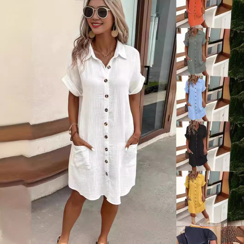 2026 Aliexpress Wish Amazon Hot-Selling Summer Simple Large V-Neck Button Dress Women's Clothing