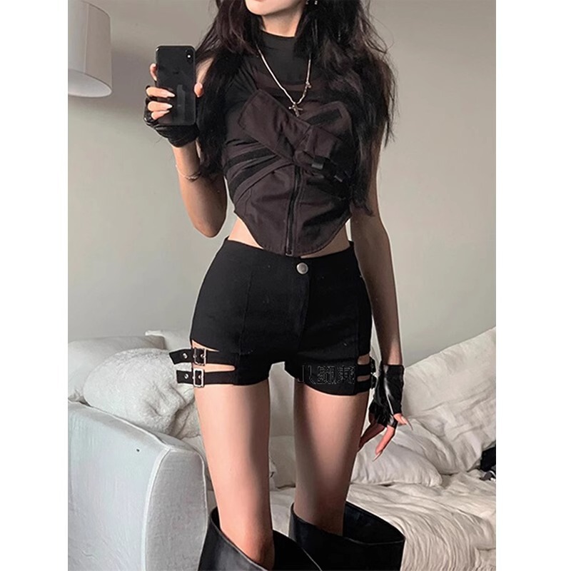 Hot Girl Boots and Pants Summer Punk Style Shorts Female Jazz Dance Black Motorcycle High Waist Pole Dance Elastic Hip Hot Pants