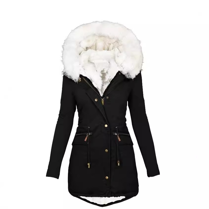 Damenbekleidung Herbst und Winter Partyjacke Damen Plüsch Taille Baumwollmantel Weiß Pelzkragen Mit Kapuze Warme Jacke Größe Lockerer Baumwollmantel Damen_voghion.com
