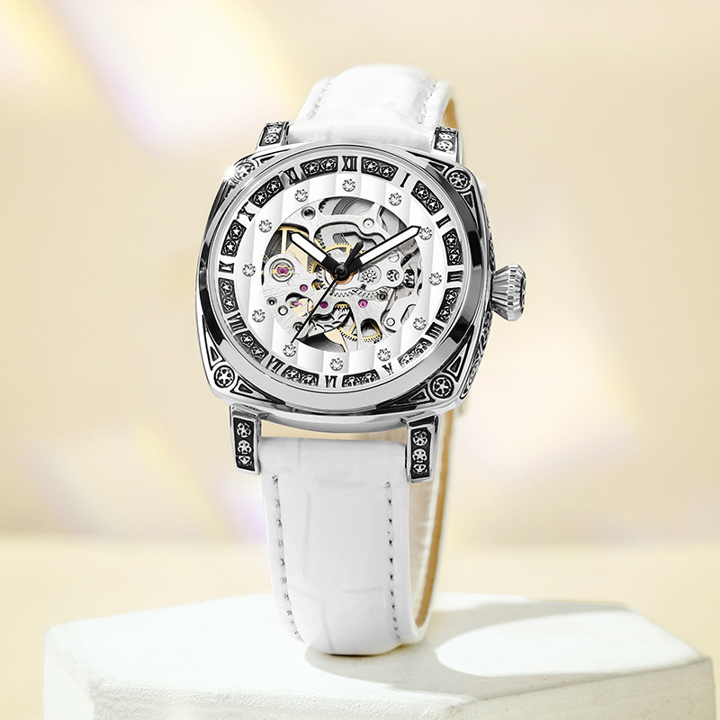 Leichte Luxusnische mit leuchtenden Diamanten, hohle mechanische Damenuhr mit Lederarmband, modische Damenuhr_voghion.com