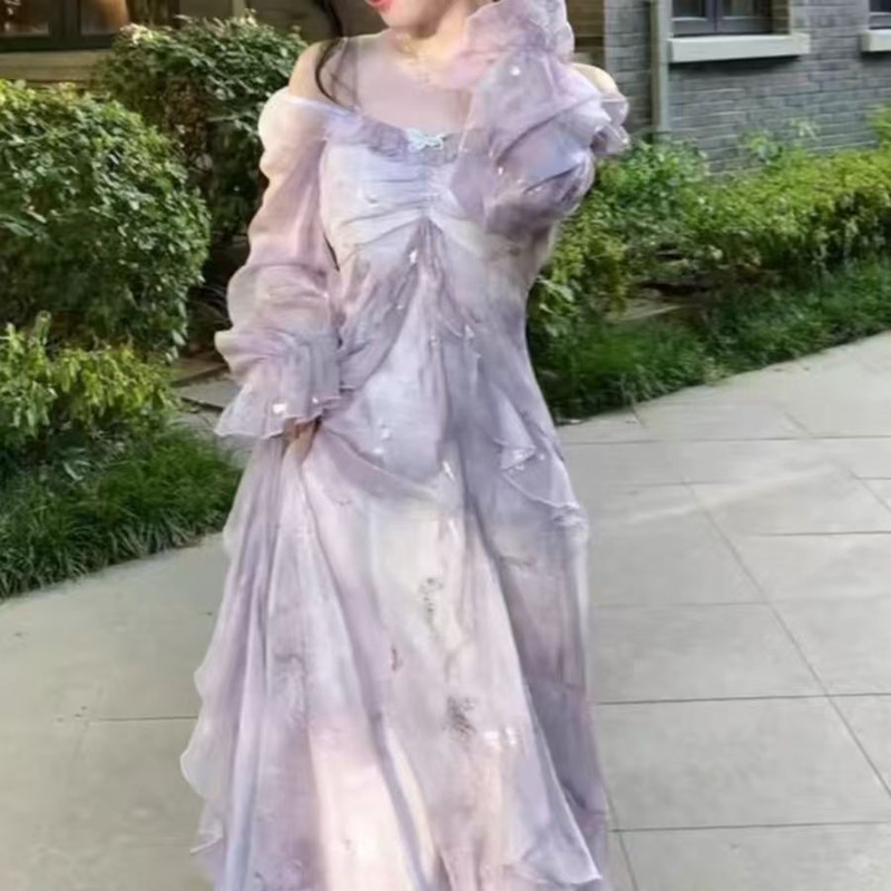 Seaside Resort Style Bronzing Dress for Women Spring 2025 New Ruffled Long Skirt French Fairy Elegant Skirt
