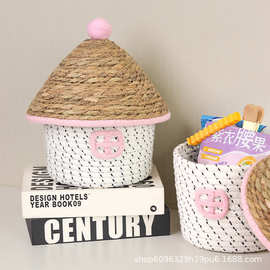 棉线编织筐小草帽带盖收纳筐桌面杂物玩具零食储物筐编织存储篮