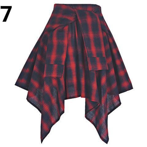 Relaxed waist grid irregular quadrilateral midi skirt with ties and bowknot, sporty street dance style for women