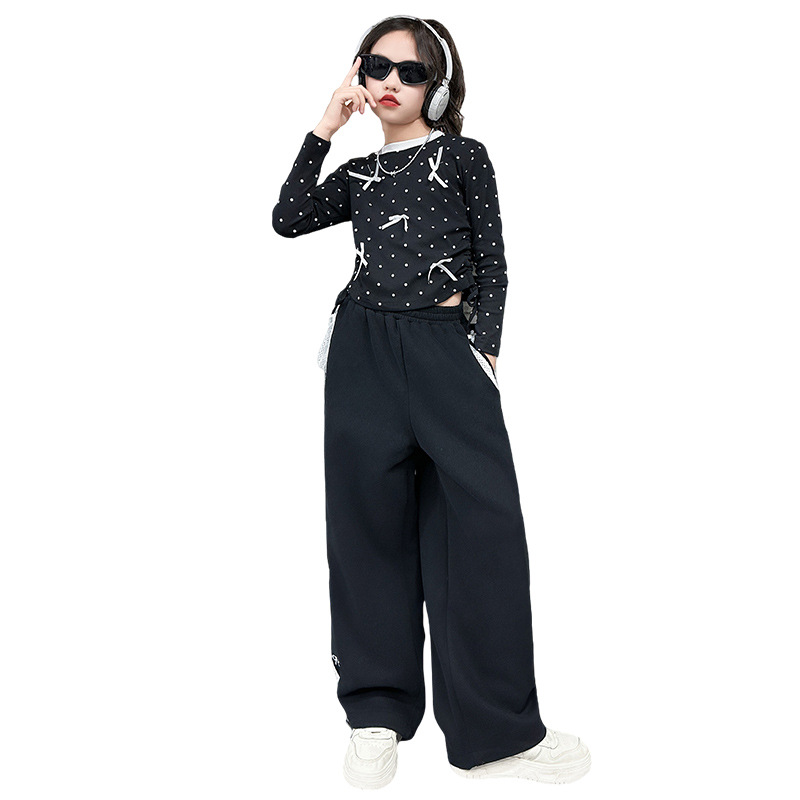 소녀 세트 가을 2024 새로운 어린이 패션 활 티셔츠 서양식 레이스 자수 캐주얼 바지 유행