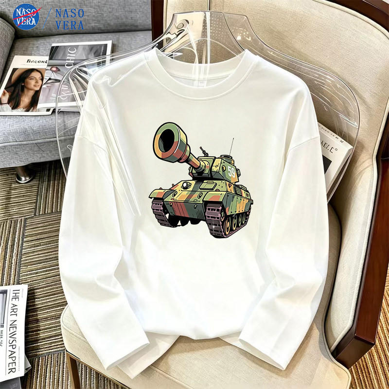 New spring and autumn children's clothing with tank print, durable and wear-resistant base shirt, unisex children's inner T-shirt, round neck, long sleeve New spring and autumn children's clothing with tank print, durable and wear-resistant base shirt, unisex children's inner T-shirt, round neck, long sleeve