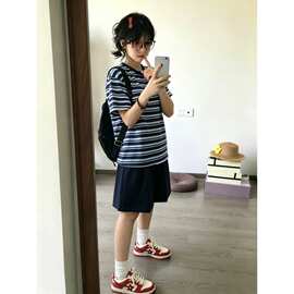 撞色夏季美式条纹休闲运动套装女短袖阔腿短裤T恤复古宽松两件套