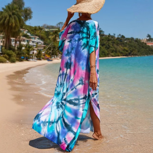 2025 Western and European Fashion Print Bali Beach Dress Gown Style Coastal Vacation Sun Protection Leisure Style
