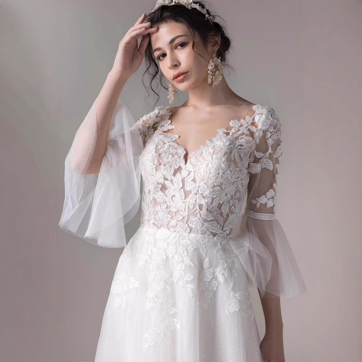 Amazon New Lace Mesh Ball Evening Dress V-neck Mid-sleeve Host Dress Birthday Adult Dress Wholesale