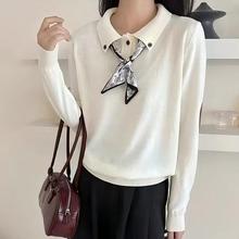 设计感polo领针织衫女2025新款秋季韩系穿搭宽松带丝巾上衣打底衫