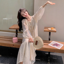 氛围感早秋穿搭一整套法式连衣裙套装女度假风罩衫长裙两件套