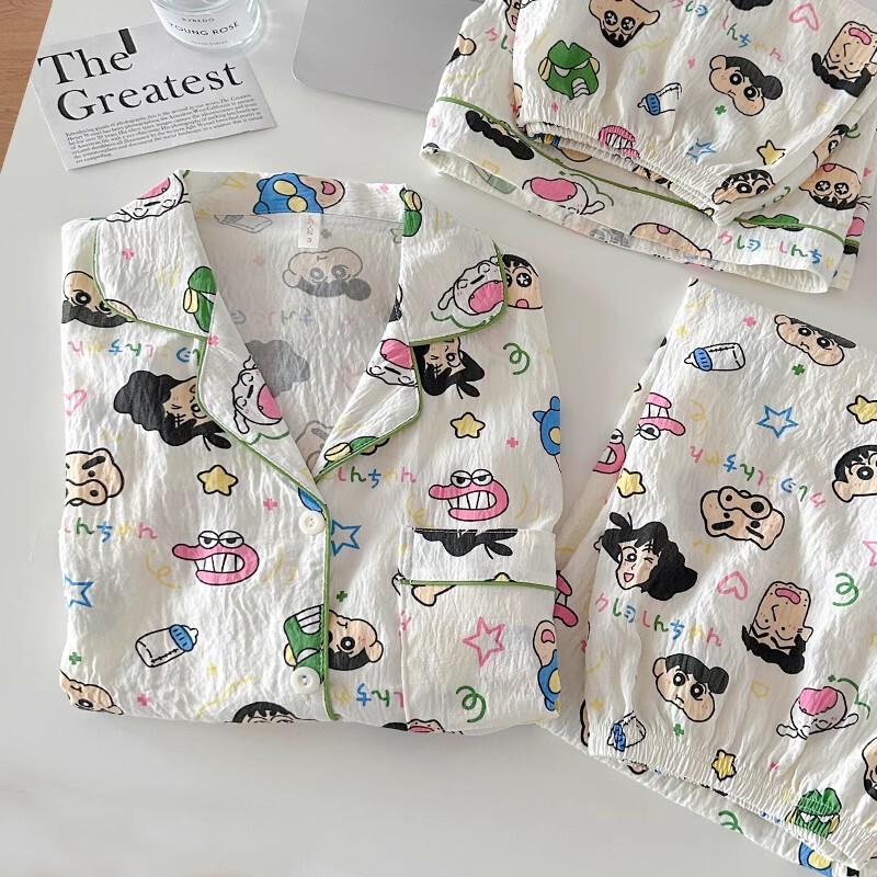 Cute Crocodile Crayon Shin-Chan Pajamas Women's Summer Short-Sleeved Pants Three-Piece Suit Spring & Fall Cloud Cotton Home Clothes