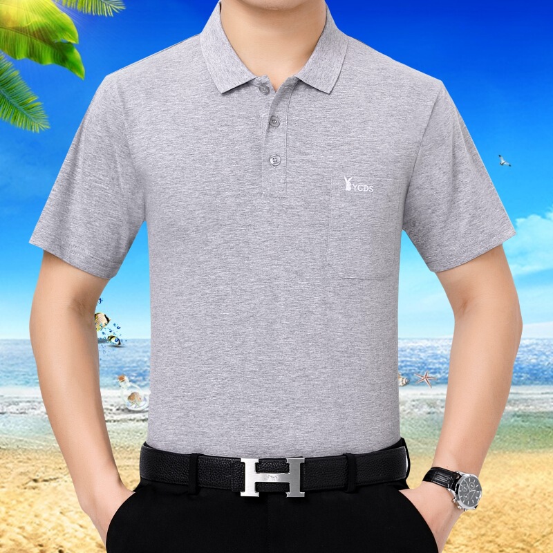 父純綿tシャツ男半袖中年男服折り襟真袋純色男中老人カジュアルtシャツ男|undefined