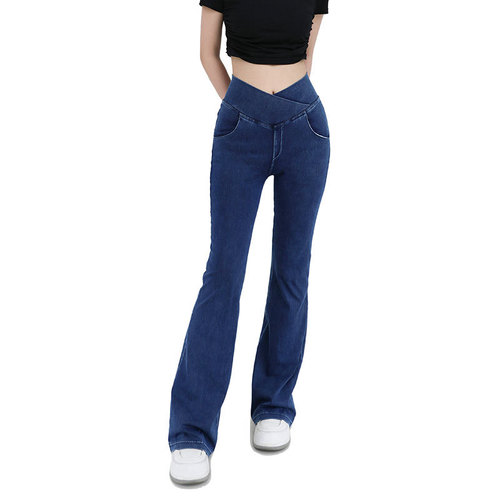 Spring and summer new cross-waist denim yoga bell-bottom pants for women, high-elastic hip-lifting double-pocket sports outer fitness pants