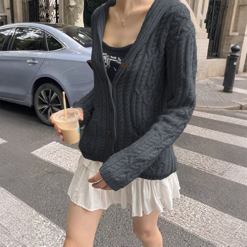 迪芸欧美休闲简约纽扣长袖衬衫外套毛织女装2025秋冬亚马逊独立站|undefined