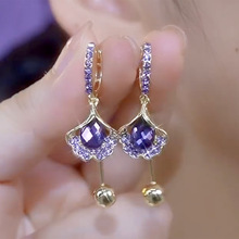 超仙镶钻紫色银杏叶珠珠耳环女2025爆款网红时尚气质百搭耳扣耳饰