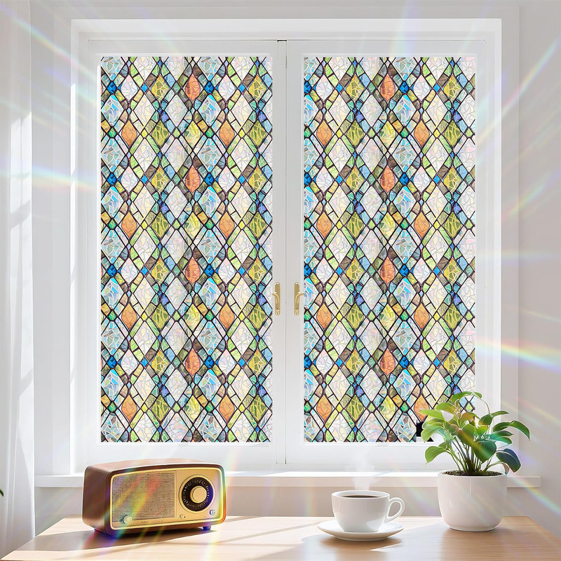 Retro 3D Laser Glass Film, Glue-Free, Translucent, Colorful Glass Stickers for Balcony Glass Doors, Cross-Border Wholesale