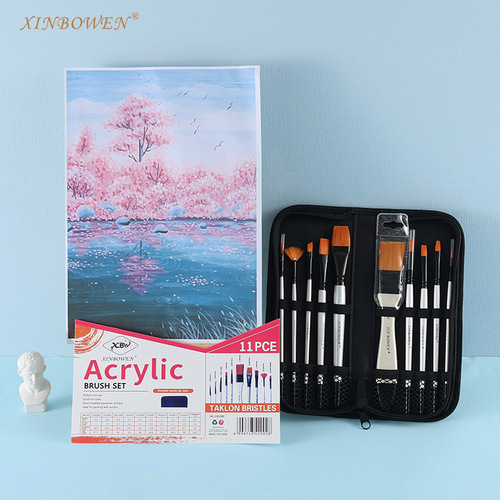 Cross-border white pole ten-piece set with mixed head nylon hair brush portable canvas bag student acrylic pen oil paint brush wholesale