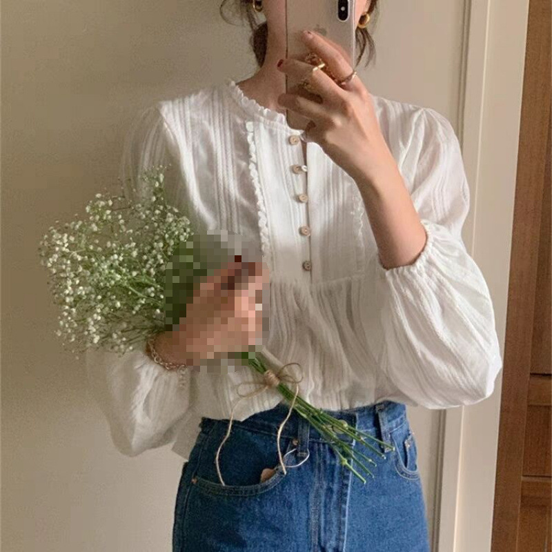 Shirt round neck pure Korean pleated lace buttoned retro desire…