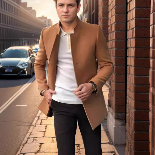 2024 Cross-border Men's Spring and Autumn British Style Trench Coat Fashion Trend Double Collar Long Sleeve Wool Coat