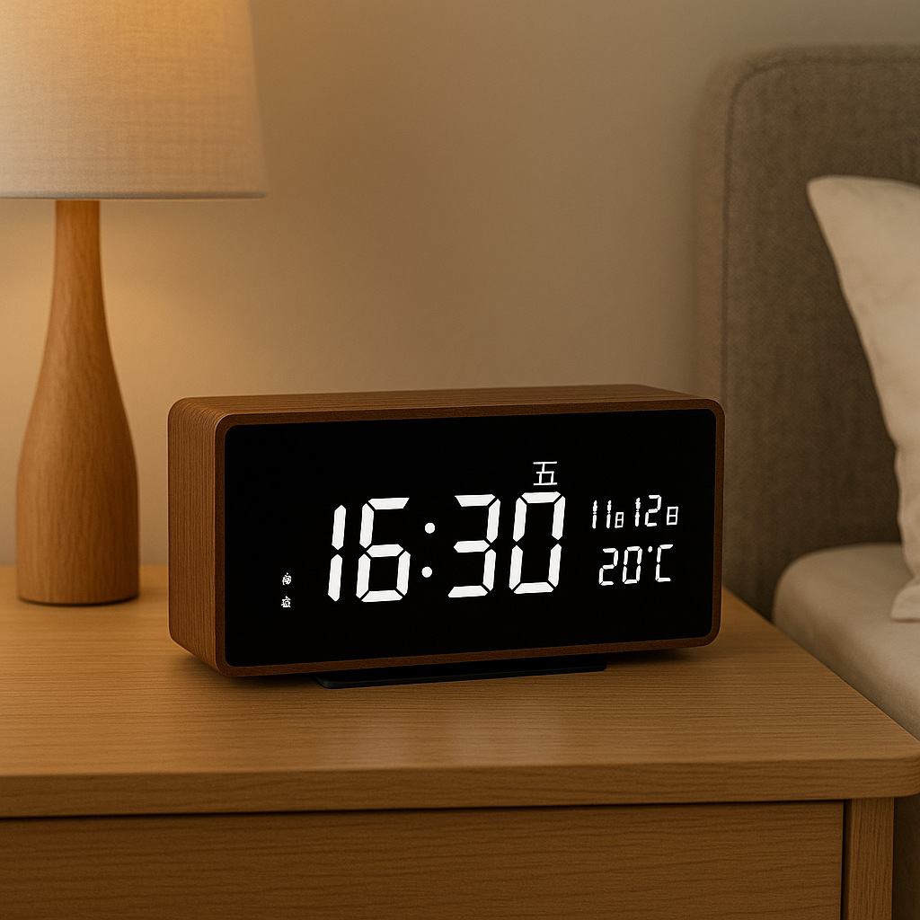 客厅高级感时钟电子显示数字钟表自动对时实木闹钟装饰摆件音箱