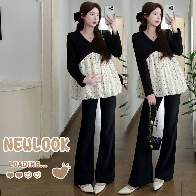 2026 Autumn Maternity Wear: Simple V-neck design, polka dot patchwork, babydoll top, slightly flared belly support pants