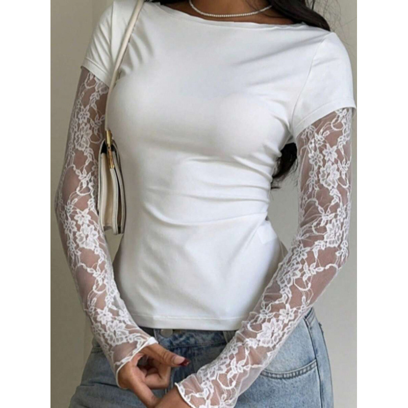 Cross-Border Amazon Europe and America 2026 Summer New Style Lace Splicing Elegant Casual Slim Long-Sleeved Boat Neck T-Shirt for Women
