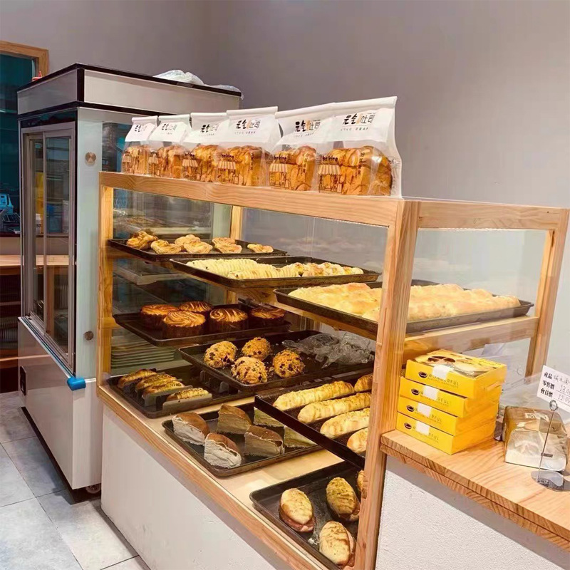 实木甜品面包展示柜复古玻璃茶杯柜玩具手办陈列架日式面包中岛柜