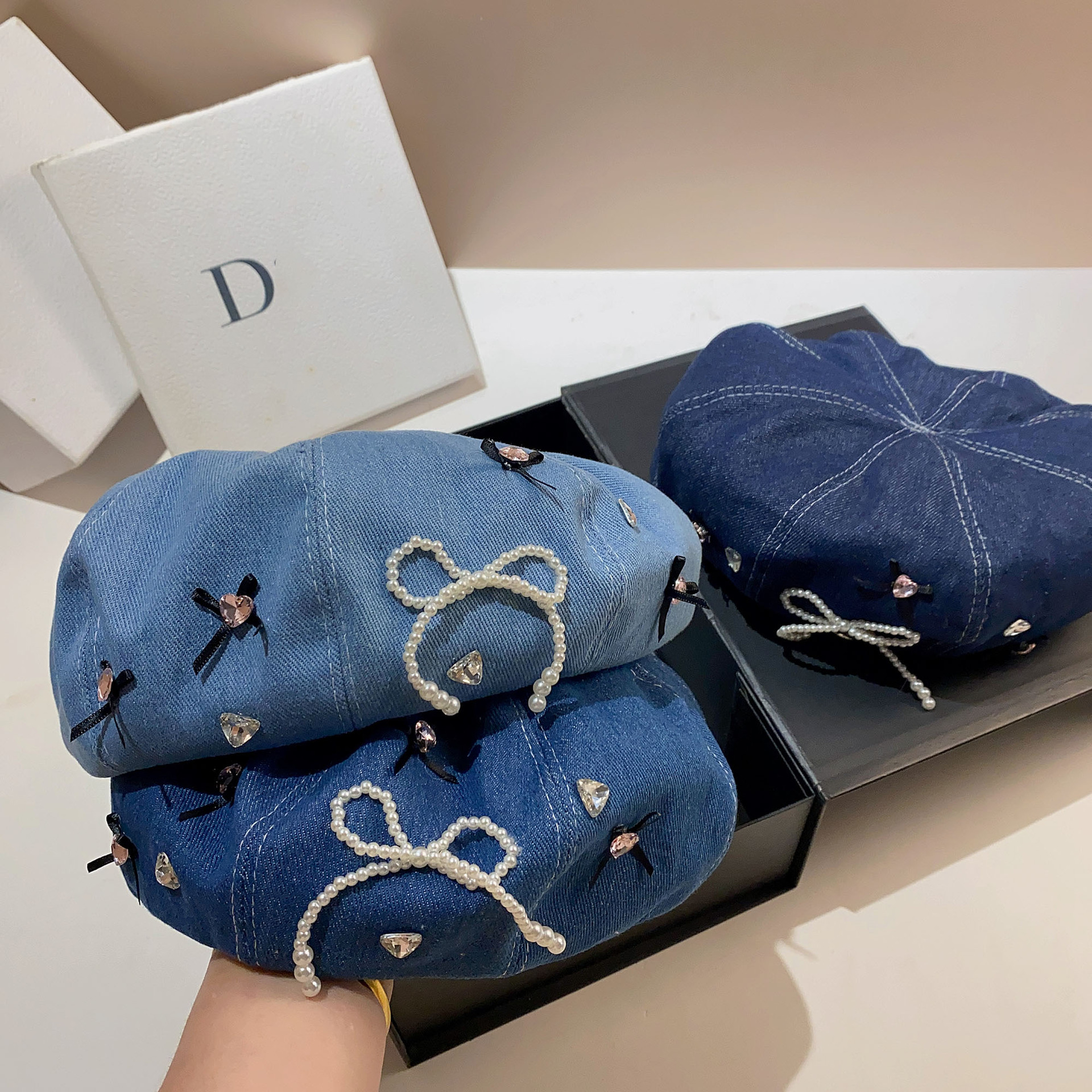 Veelzijdige, schattige baret, dunne, kleine, elfenstrik, achthoekige denim hoed in de lente en zomer_voghion.com