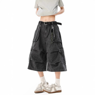 American-Style Multi-Pocket Cargo Shorts for Men and Women, Summer High Street Pleated Design, Wide-Leg Cropped Pants, Loose Casual Mid-Length Shorts