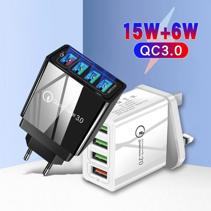 QC3.0 4USB fast mobile phone charger 4.1A multi port American European British standard travel adapter charging head_voghion.com